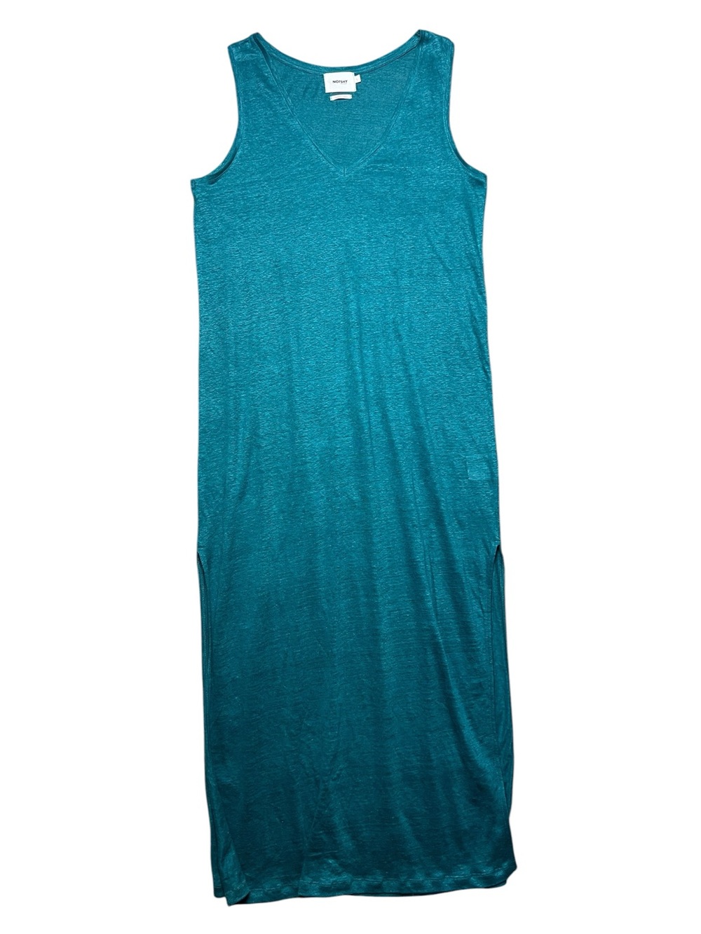 NOTSHY Cashmere 100% Linen Teal Sleeveless Slit V-Neck Maxi Dress Size Large